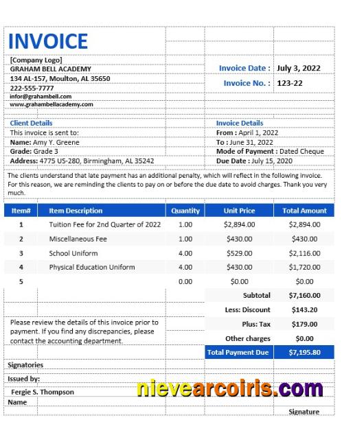 Free Sample School Invoice